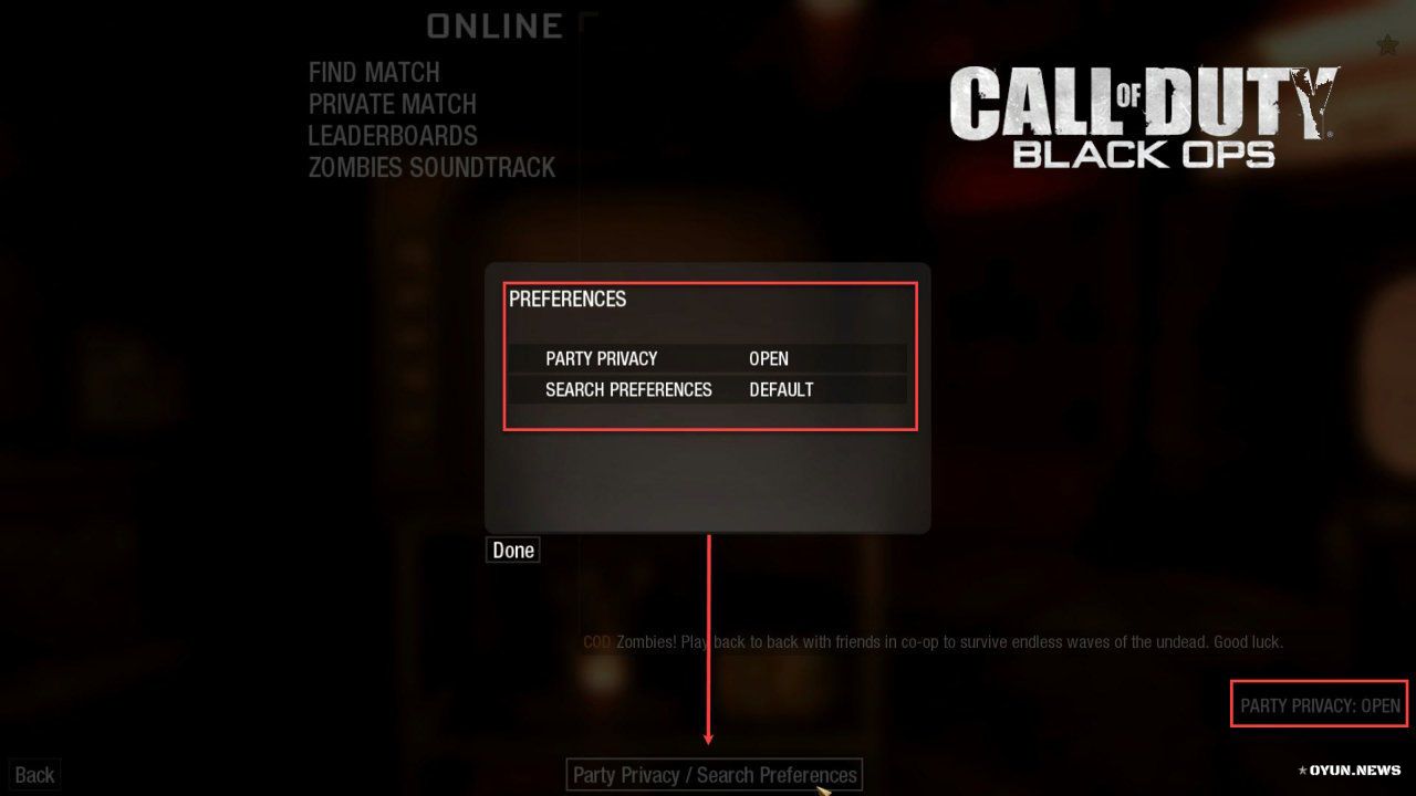Call Of Duty Black Ops Zombie Party Privacy Search Settings