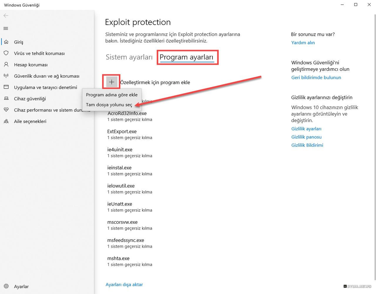 Windows Exploit Protection Program Ayarlari
